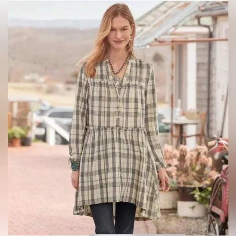 Sundance Women Plaid Gauze Tunic Top Long Sleeve Babydoll High Low Cream Black M